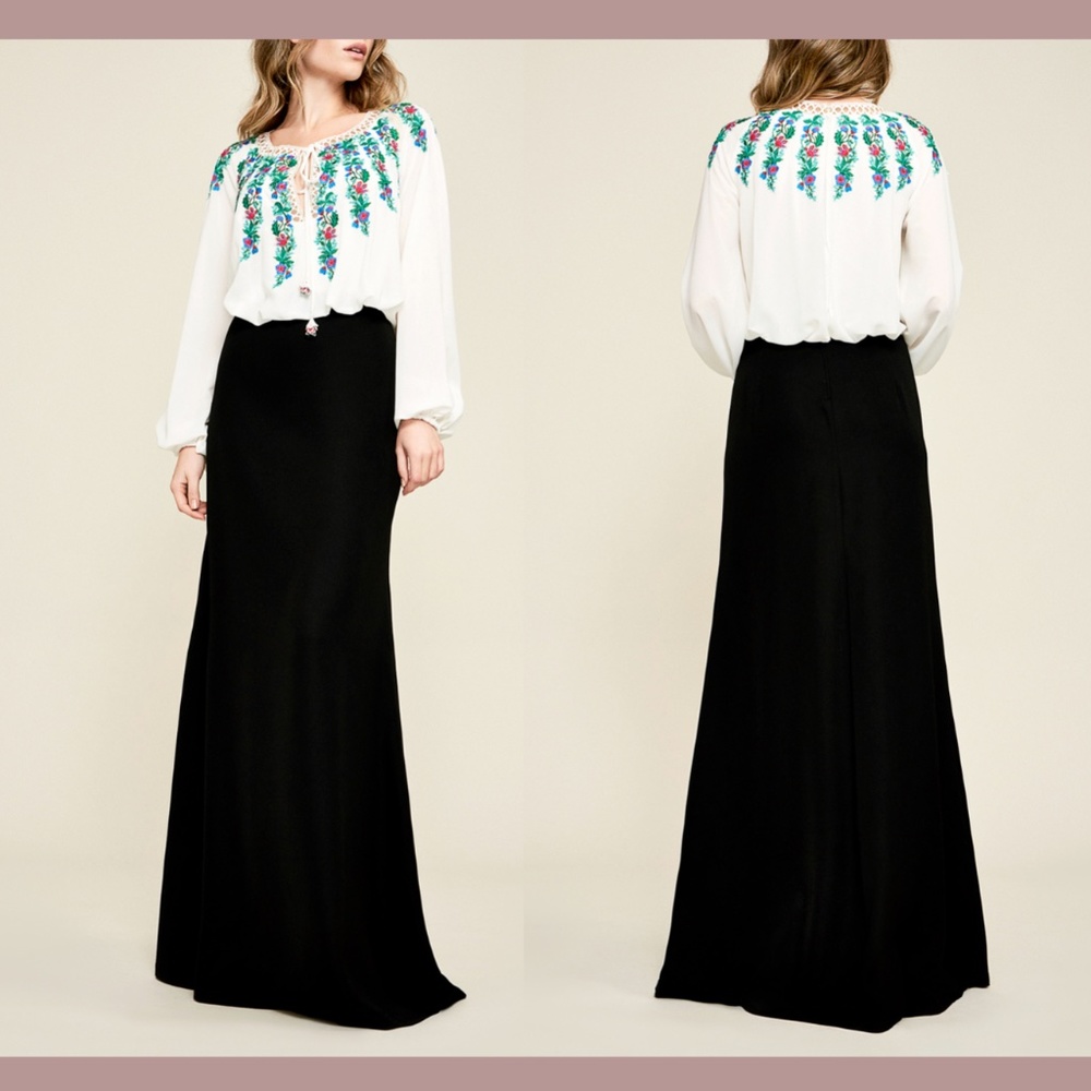Tadashi Shoji [ 16 ] Alina Embroidered Blouson Crepe Gown in Black